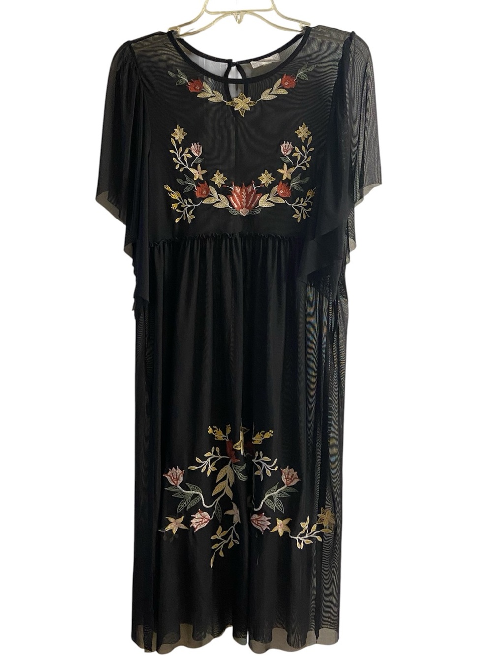 Coco+ Jaimeson Black Mesh Embroidered Floral Midi Dress  Flutter Sleeve Small